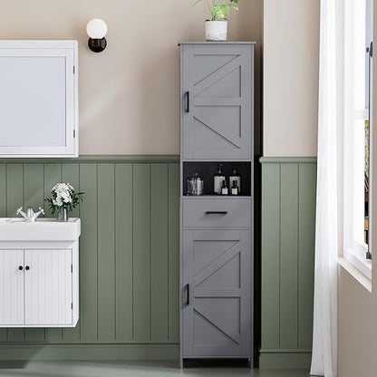 Homhedy 67" H Tall Bathroom Storage Cabinet with Barn Doors and Drawer | Narrow Storage Unit with Adjustable Shelves, Floor Cabinet for Bathroom, Living Room, Entryway or Kitchen, Gray, 15.7" W