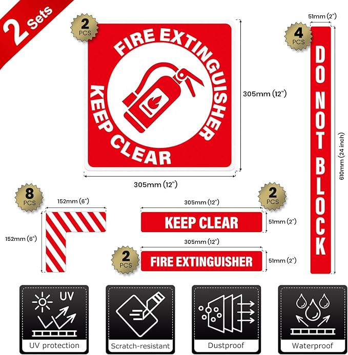 2 Pack Fire Extinguisher Signs Self Adhesive Keep Clear Do Not Block Floor Sign with Strips Waterproof Vinyl Fire Extinguisher Floor Marking Kits for Business Warehouse Office Red