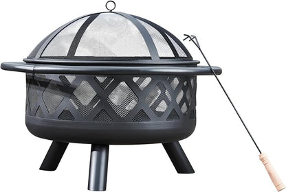 Teamson Home Round Steel Outdoor Fire Pit Outside Wood Burning Firepit Bonfire with Firebowl, Poker, Mesh Screen for Patio Garden Backyard BBQ, 30 Inch, Black
