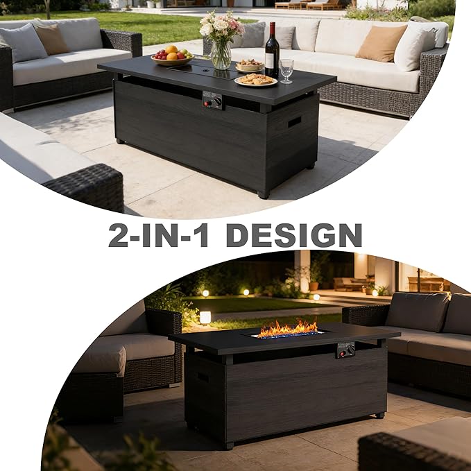 51 inch Propane Fire Pit Table, 50,000 BTU Outdoor Fire Pit Table with Steel Lid and High-Temp Crystal Beads, 2 in 1 Rectangle Gas Fire Pit Table for Garden/Patio Outside (51 inch, With Crystal Beads)