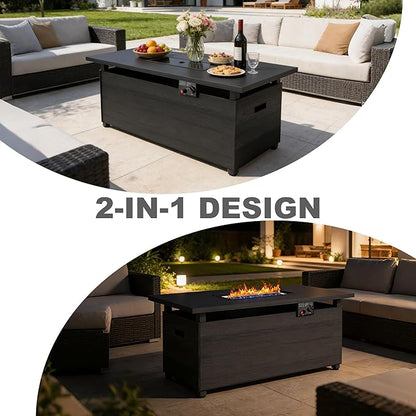 51 inch Propane Fire Pit Table, 50,000 BTU Outdoor Fire Pit Table with Steel Lid and High-Temp Crystal Beads, 2 in 1 Rectangle Gas Fire Pit Table for Garden/Patio Outside (51 inch, With Crystal Beads)