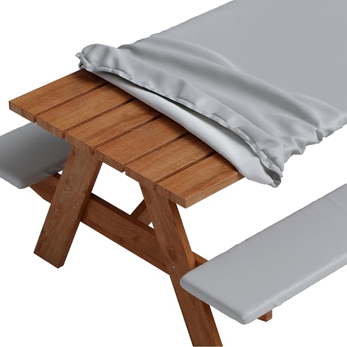 Picnic Table Cover with Bench Covers -Fitted with Elastic, Vinyl with Flannel Back, Fits for Table 30"x 96" Rectangle,Water Proof, Solid Grey Design