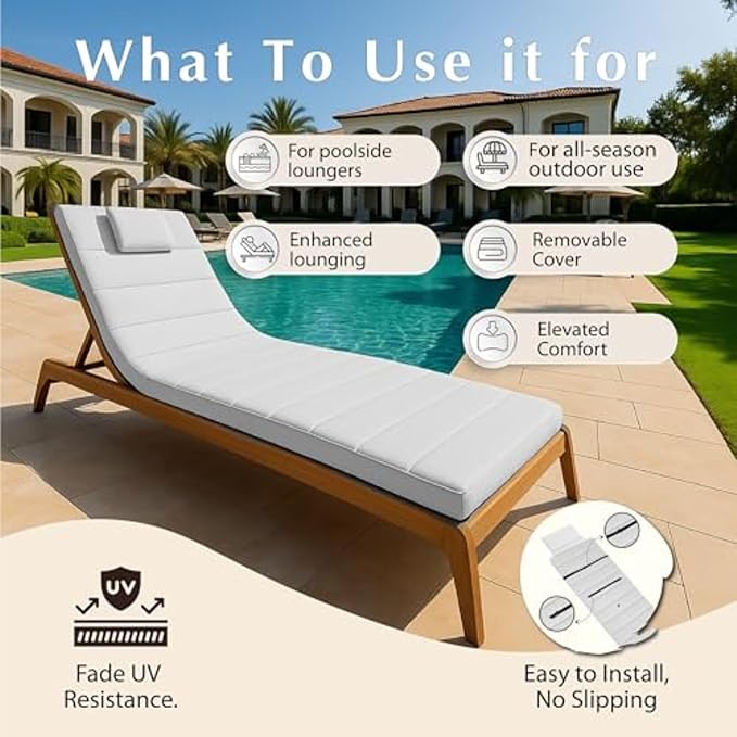 Quilted Chaise Lounge Outdoor Patio Furniture Cushions | Water-Resistant Patio Chair Cushions | Durable, High-Density Foam Outdoor Chair Cushions - Heather Grey, 74"x23" (Chair Not Included)