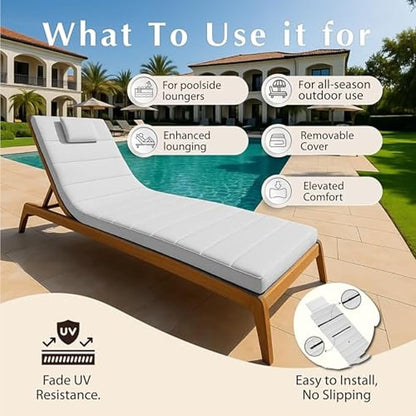 Quilted Chaise Lounge Outdoor Patio Furniture Cushions | Water-Resistant Patio Chair Cushions | Durable, High-Density Foam Outdoor Chair Cushions - Heather Grey, 74"x23" (Chair Not Included)