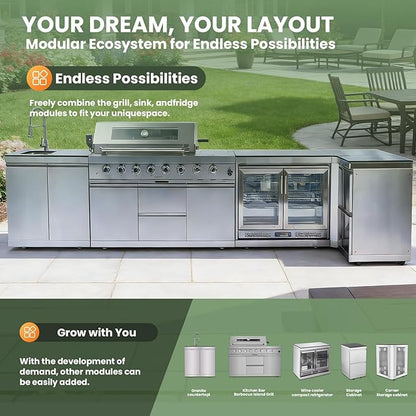 Outdoor Kitchen Island, Natural Gas Grill with Standalone Side Burner Island, 96,000 BTU BBQ Grill with Sink, Refrigerator, Granite Countertop, Grill Cart & Storage Drawers Silver+153in