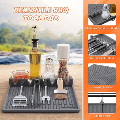 MealHelper Silicone Griddle Tools Mat Compatible with Blackstone Griddles, Grill Mat for Outdoor Grill Side Shelf with Seasoning Jar Holders, BBQ Tool Rest, Grey