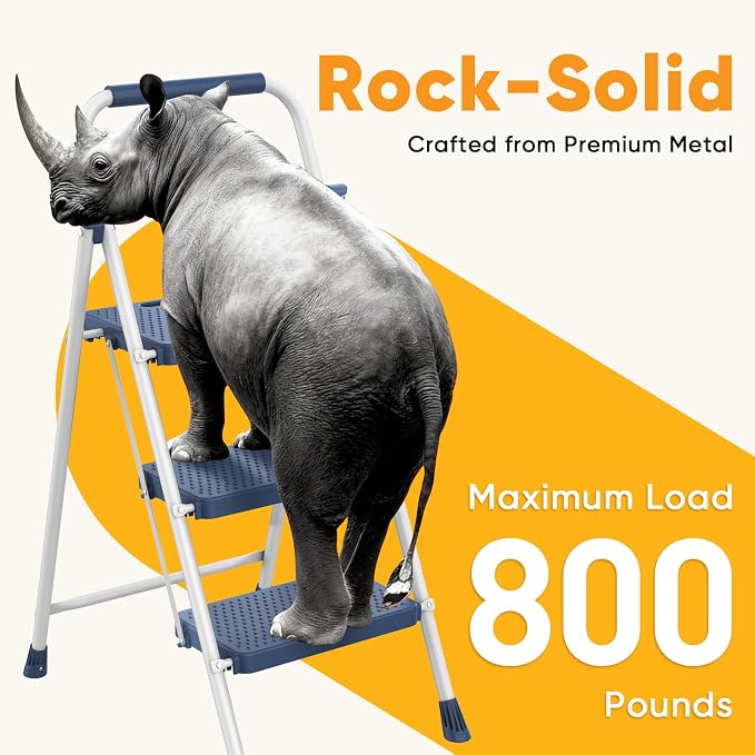 NEWBULIG 3 Step Ladder, Folding Step Stool for Adults with Safety Lock | Anti-Slip Design, Portable Foldable Ladder for Home Kitchen, Garage & Outdoor Use, Blue