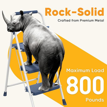 NEWBULIG 3 Step Ladder, Folding Step Stool for Adults with Safety Lock | Anti-Slip Design, Portable Foldable Ladder for Home Kitchen, Garage & Outdoor Use, Blue