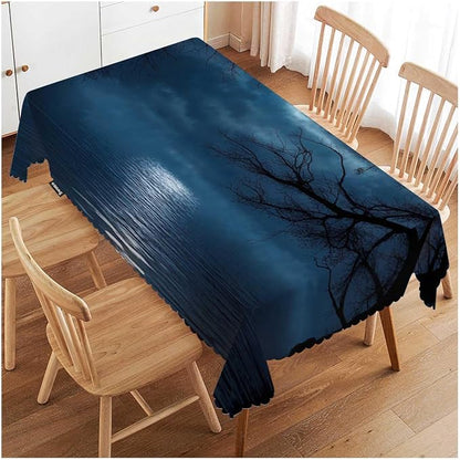 Swono Tablecloth Full Moon, Fantasy Forest Lake Full Moon Tree Branches Table Cloth for Kitchen Dining Tabletop Decoration Parties Weddings, 52 X 70 Inch Rectangle Tablecloth