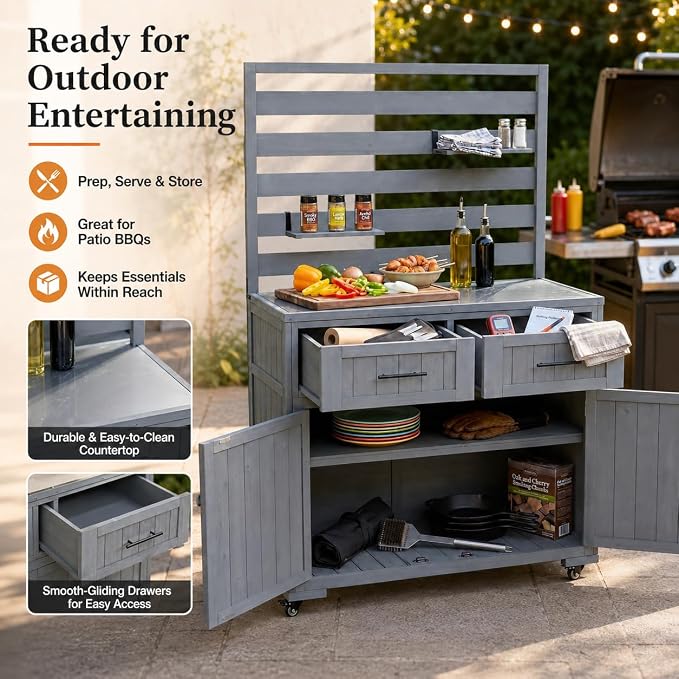 Outdoor Kitchen Island Cart with Stainless Steel Top, Grill Prep Table | Solid fir wood frame, stainless steel top, 64.9 in height, 3 movable shelves, lockable wheels, 110 lb top, BBQ and garden use