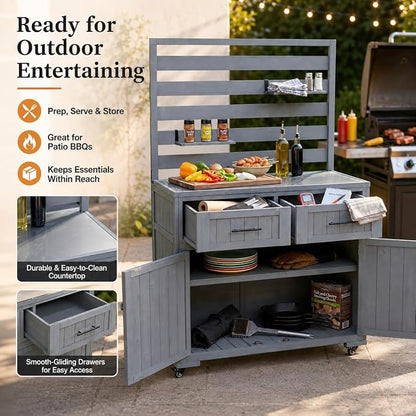 Outdoor Kitchen Island Cart with Stainless Steel Top, Grill Prep Table | Solid fir wood frame, stainless steel top, 64.9 in height, 3 movable shelves, lockable wheels, 110 lb top, BBQ and garden use