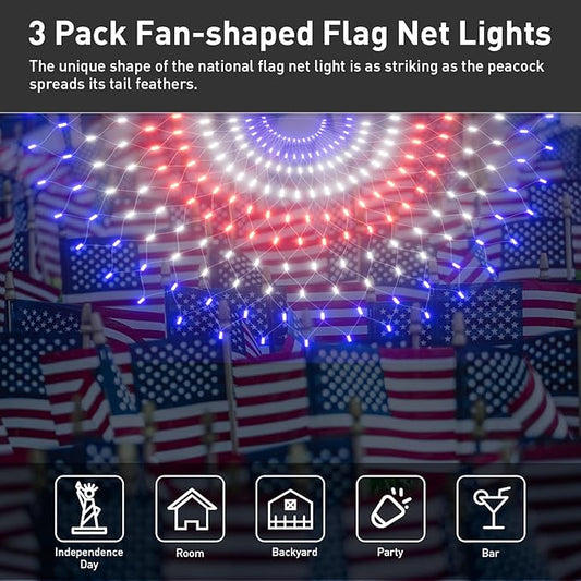 Leisure world 3 Pack 450 LED American Flag Bunting Flags Lights - Super Bright Waterproof USA String Lights for Patriotic Decoration on USA 250 Anniversary, July 4th,Memorial Day,Christmas & Party