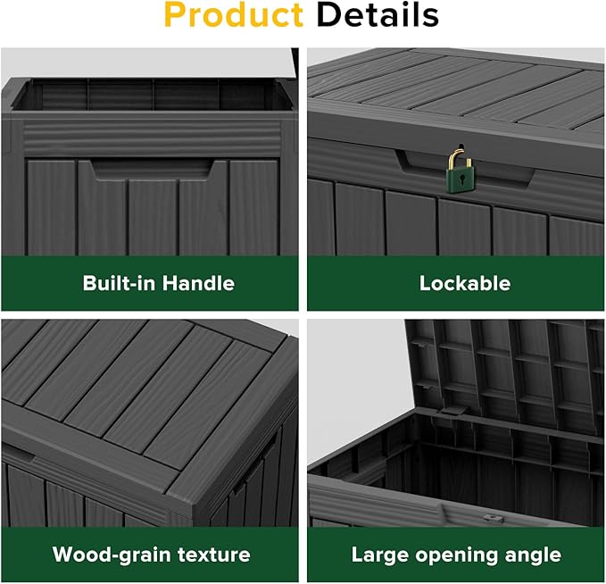PatioZen 45 Gallon Resin Deck Box, Lockable Outdoor Storage Box for Patio Cushions Storage Furniture,Garden Tools, Pool Supplies, Weatherproof and UV Resistant (Black)