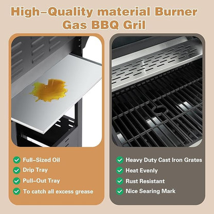 Endark 3-burner propane grill, 40,500 BTU with side-fire function. Stainless steel, enameled cast iron grate, thermometer, wheels. Perfect for patio and garden cooking