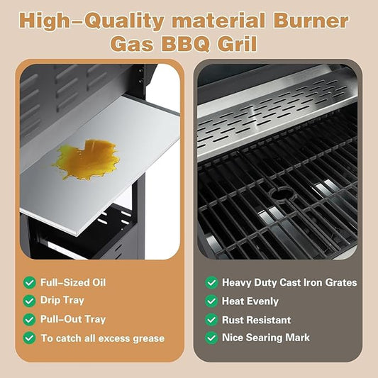 Endark 3-burner propane grill, 40,500 BTU with side-fire function. Stainless steel, enameled cast iron grate, thermometer, wheels. Perfect for patio and garden cooking