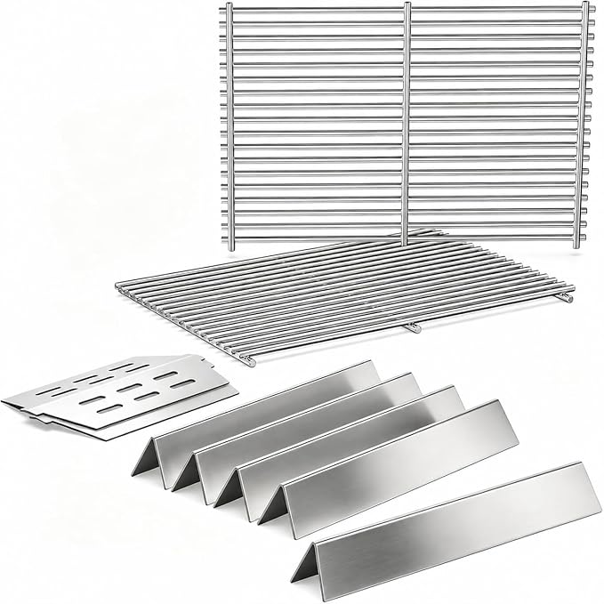 QuliMetal 304 Stainless Steel 7524 Grill Grates & 7621 Flavorizer Bars, 65505 Heat Deflectors for Weber Genesis 300 Series with Front Control Knob, Replacement for Genesis E310 S310 E/S320 E/S330