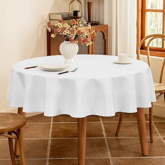Seenus 60 Inch White Round Tablecloth Fits 30'' to 48'' Dining Table, Water Resistant & Wipeable Textured Table Cloth for 2-4 Seats Kitchen or Patio Circle Table