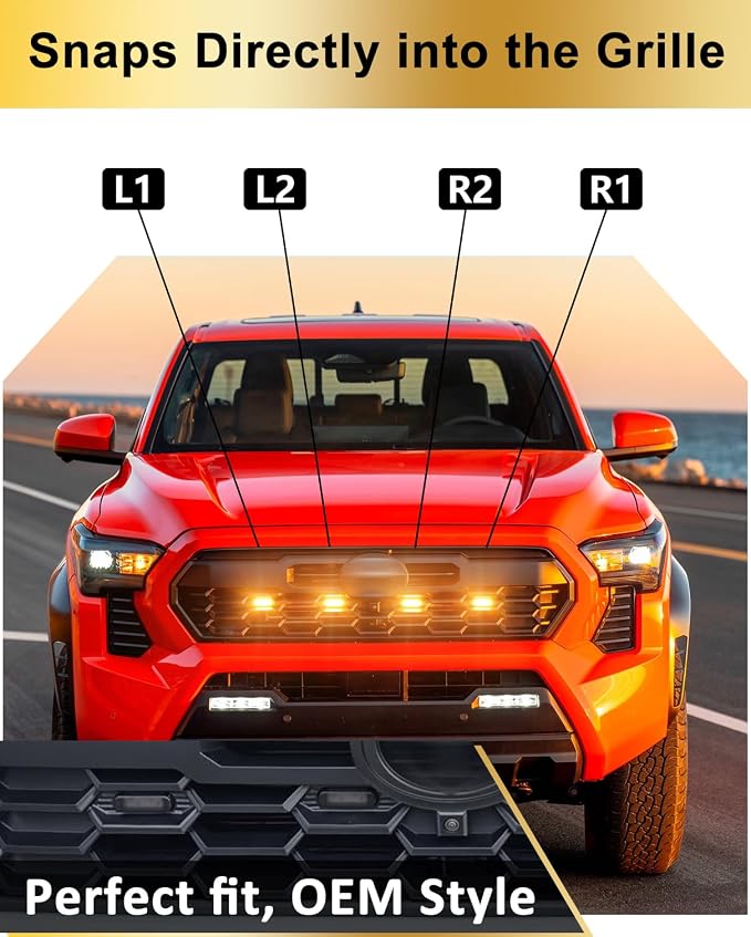 Grill Light for Toyota Tacoma 2024-2026 TRD Sport Offroad PreRunner, Yellow | 4th Gen Tacoma Raptor Grille Lights, Upgrade Tacoma Front LED Lights, Snap-in Installation, OEM Style, Off-road Driving