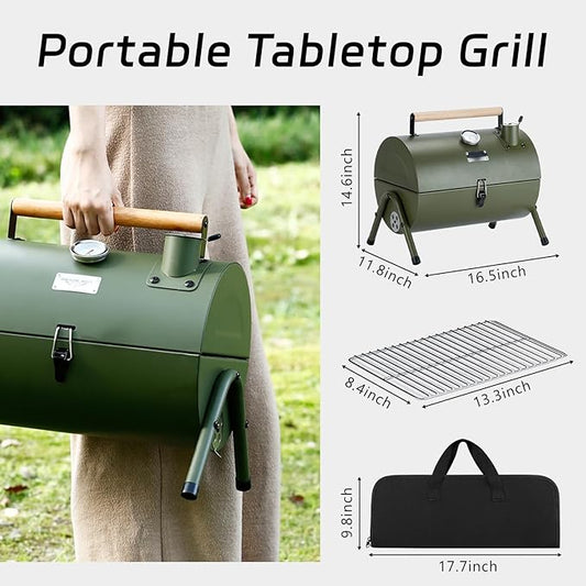 MAISON HUIS Small Charcoal Grill, Portable Tabletop BBQ Smoker for Outdoor Camping,Mini Grill with 9-Piece Stainless Steel Grill Tool Set for Tailgating Hiking Picnic (Green Kit)
