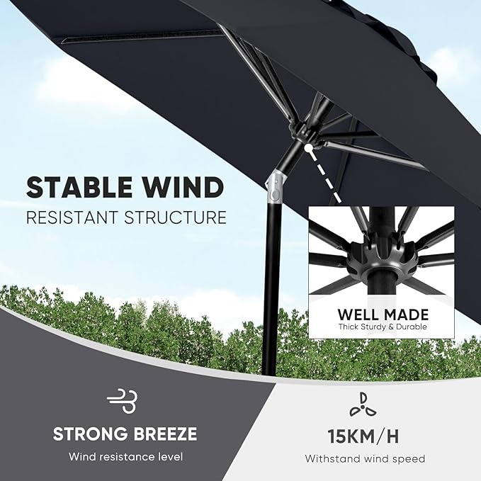 Tempera Patio Market Outdoor Table Umbrella with Push Button Tilt and Crank, Large Sun Umbrella with Sturdy Pole & Fade Resistant Canopy, Easy to Set