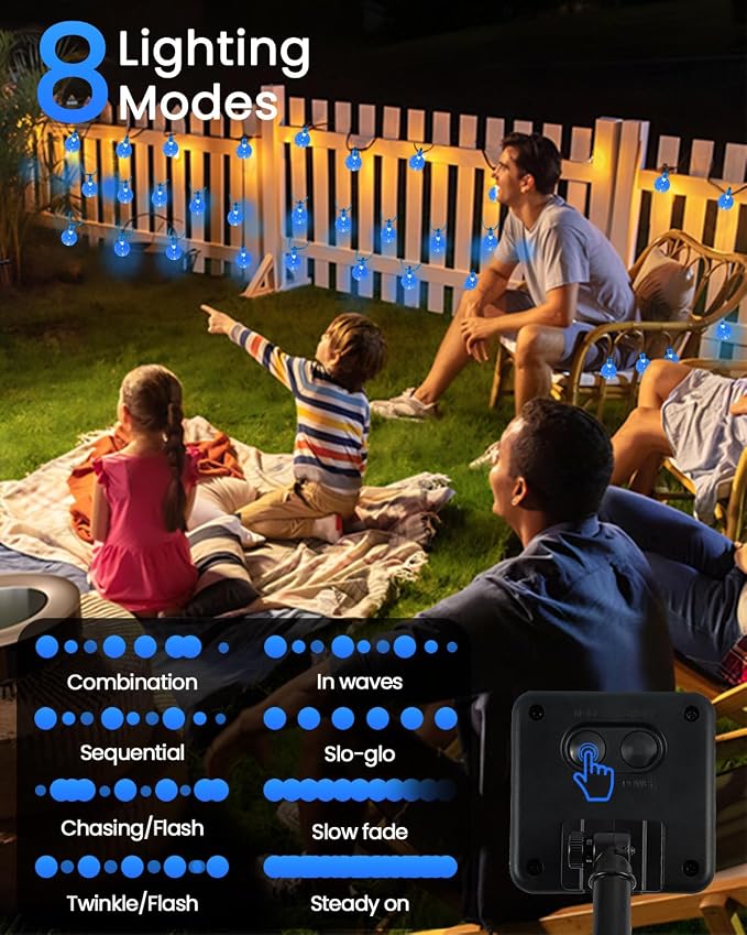 Solar String Lights Outdoor Waterproof 2 Pack 100 LED 64FT Patio Lights | Blue Crystal Globe, 8 Lighting Modes, Auto On/Off, Solar Powered String Light for Outside Yard Wedding Party Tree Decorations