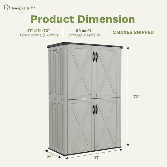 Greesum Outdoor Storage Cabinet, 50 CUFT Deck Box Without Shelves, Waterproof Plastic Storage Shed for Patio Cushions, Gardening Tools, Lockable and Sidehandles, UV Resistant, Beige