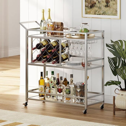 Bar Cart Silver, Bar Carts for The Home, Home Bar Serving Carts for Liquor, Rolling Wine Cart with 3 Tier Mirrored Shelves on Wheels for Alcohol and Beverage (Silver)
