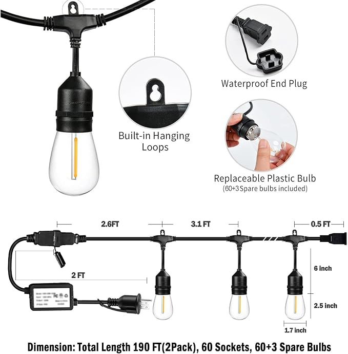 190FT Patio String Lights with Timer for Bistro Café Backyard 2Pack | Dimmable Outdoor String Lights with Remote,2/4/6H Timer