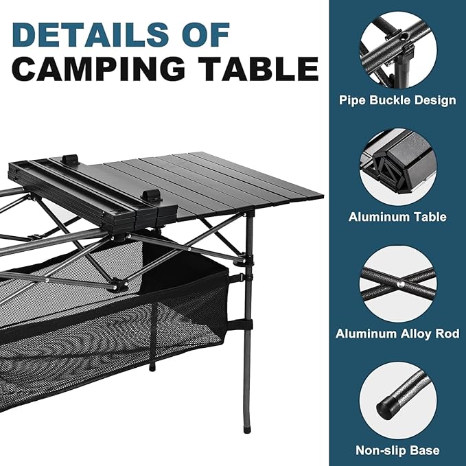 WUROMISE Lightweight Aluminum Folding Camping Table (47” x 21.65” x 26.7”), Portable Roll-Up Design for Outdoor, Camping, Beach, BBQ, Patio, and Picnic, Durable & Waterproof with Carrying Bag