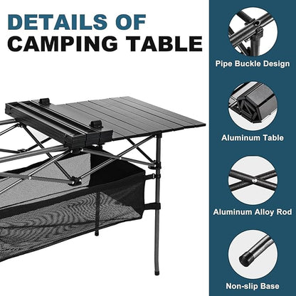 WUROMISE Lightweight Aluminum Folding Camping Table (47” x 21.65” x 26.7”), Portable Roll-Up Design for Outdoor, Camping, Beach, BBQ, Patio, and Picnic, Durable & Waterproof with Carrying Bag