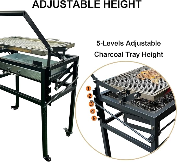 Portable Charcoal BBQ Grill, 360° Rotating Barbecue Grill with Wheels, Stainless Steel Cooking Grid, Adjustable Charcoal Tray, for Camping, Picnic, Patio & Backyard Parties