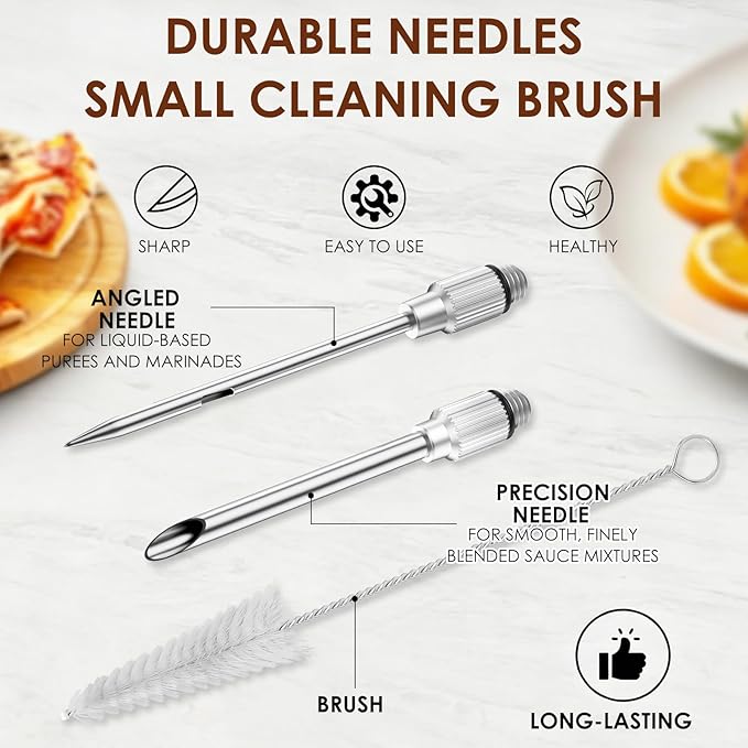 4pack Turkey Baster for Cooking, 16 Pieces Stainless Steel Meat Injector Syringe with 8 Needles & 4 Brushes, Silicone Bulb Baster for BBQ Thanksgiving Kitchen Cooking