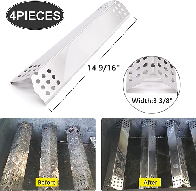 Yiming Grill Replacement Parts for Grillmaster 720-0697, Nexgrill 720-0697 and Sunbeam 720-0697 Gas Grill Models, Stainless Steel Heat Plate Tent Shields, Grill Burner Tubes Set, 4-Pack
