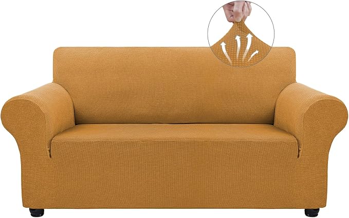 Asnomy Stretch Couch Covers Washable,loveseat Cover Slipcovers,Golden | 1-Piece Sofa Cover(55"-78") loveseat cover Furniture Protector Soft Jacquard,Non-Slip Elastic Bottom for Dogs & Kids