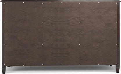SIMPLIHOME Connaught 60" Wide Solid Wood 3-Door Buffet in Chestnut Brown | Traditional sideboard with adjustable shelves and classic molding for dining rooms; buffet, credenza or server.