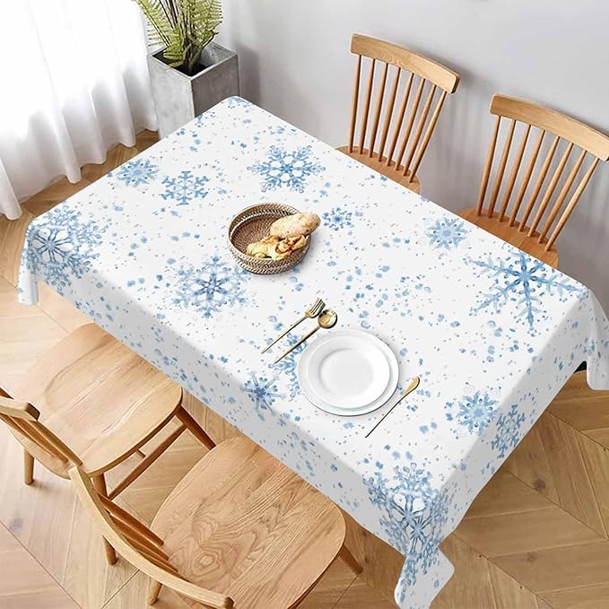 Snowflakes Decorative Rectangle Tablecloth Winter Blue Snow Splash Crystal Elegant Ice Spot Polyester Table Cloths Kitchen Table Cover for Dining BBQ Picnic Coffee Table 60 x 84 Inch 6-8 Seats