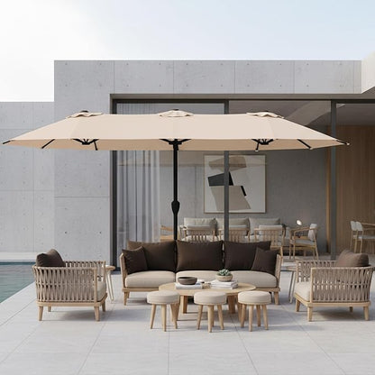 15FT Large Patio Umbrella with Base, Double Sided Rectangular Outdoor Umbrella with Sturdy Fiberglass Ribs, UPF 50+ Sun Protection, Wind-Resistant, Waterproof Fade-Resistant Fabric for Pool, Garden, Backyard, Deck(Beige)