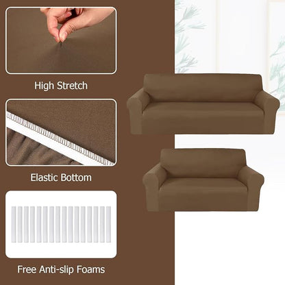 Peryiter 2 Pcs Couch and Loveseat Sofa Covers,Chocolate,Milk Silk | Armchair Covers for Living Room, Sofa Cushion Slipcover 2/3 Seater, Furniture Protector, Polyester and Spandex, Washable