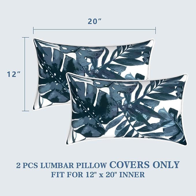 LVTXIII 2 Pack Outdoor Lumbar Pillow Covers 12x20 Inch with Piping, Water-Repellent Back Cushion Covers ONLY for Patio Furniture, Sofa, Garden Bench, Palm Blue