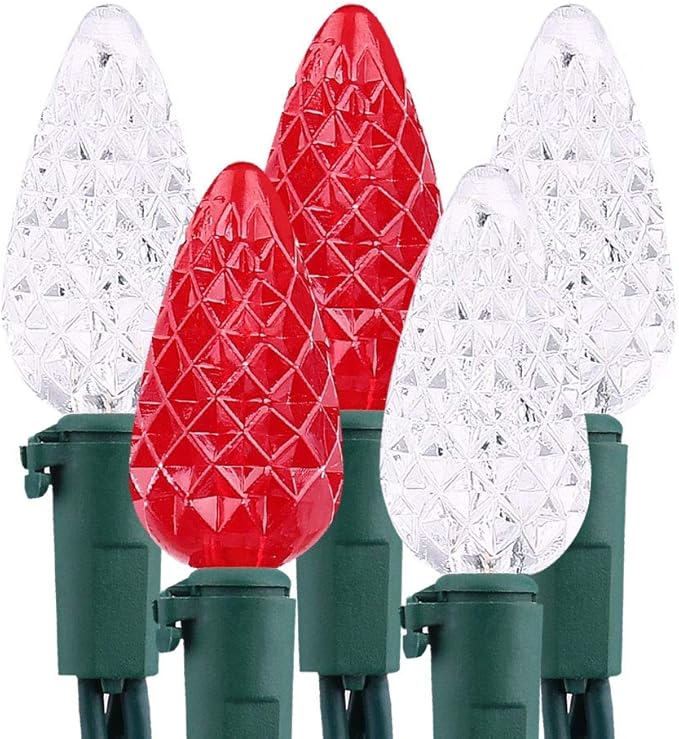 Brizled Red & White C5 Christmas Lights, 33ft 100 LED Christmas Tree Lights, Connectable 120V UL Certified Faceted Xmas Light Outdoor Indoor Xmas Lighting for Christmas Tree Party Roof Decoration
