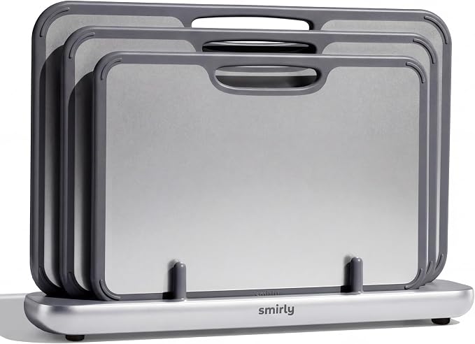 SMIRLY Titanium Cutting Board for Kitchen, with Holder, 3 Pack, Silver | Food-grade Titanium Surface with a Non-porous, Double-sided Design for Easy Cleaning and Hygienic Food Prep