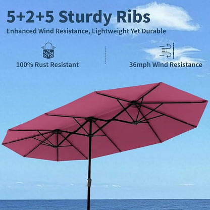 15FT Double Sided Patio Umbrella with Base Included Large Outdoor Market Umbrella with Crank Handle, UV Resistant Canopy, Sturdy Frame for Garden, Poolside, Deck, Rose Pink