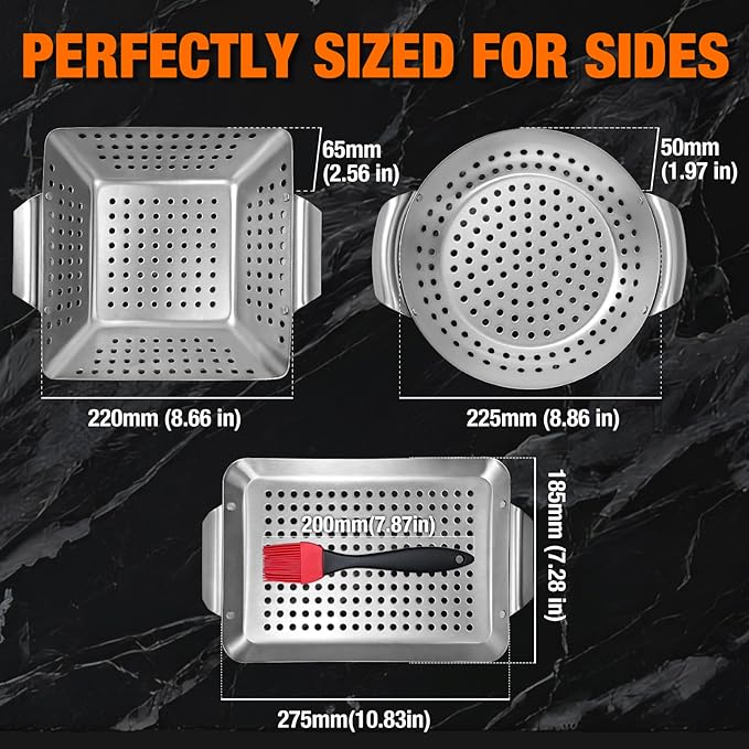 3 Piece Stainless Steel Grill Basket Set with Basting Brush, Heavy Duty Small Vegetable Grill Basket for Outdoor Grill - Perforated Compact BBQ Grill Pan & Wok Accessories for Gas, Charcoal, Veggies