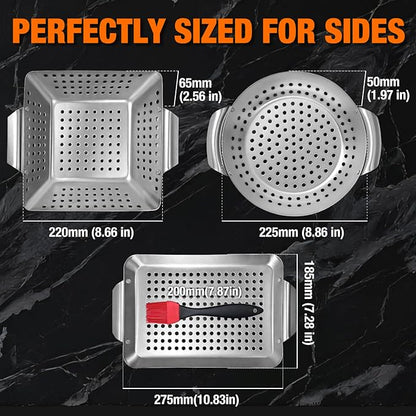 3 Piece Stainless Steel Grill Basket Set with Basting Brush, Heavy Duty Small Vegetable Grill Basket for Outdoor Grill - Perforated Compact BBQ Grill Pan & Wok Accessories for Gas, Charcoal, Veggies