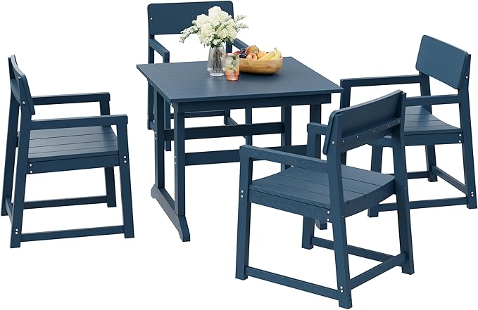 Shintenchi 5 Pieces Outdoor Dining Set,HDPE Outdoor Table and Chairs Set for 4,All Weather Patio Furniture Sets,Modern Wooden Textured Dining Sets for Backyard,Garden,Blue