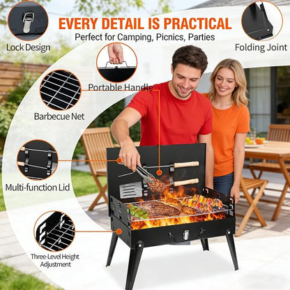 Mini Portable Charcoal Grill, Foldable Camping Mini Grill for Outdoor Cooking, Compact Design Barbecue Accessories with Barbecue Tools, Perfect for Beach, Backyard, Picnics