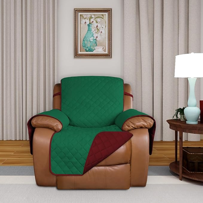 PureFit Reversible Recliner Chair Covers Couch Covers for Dogs, 28 in | Green/Red, Water Resistant Couch Protector, Washable Pet Couch Cover with Non Slip and Elastic Straps For Kids
