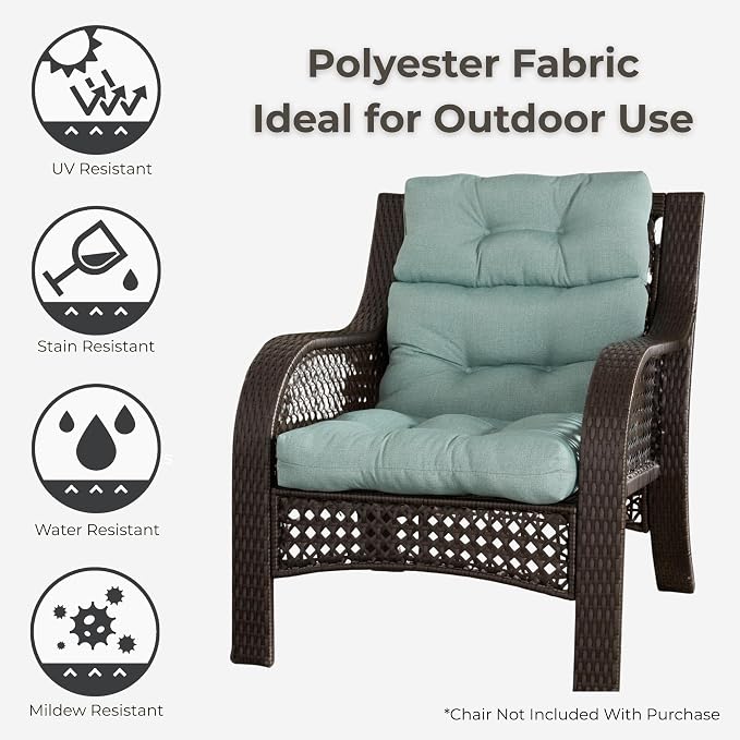 Outdoor Tufted High-Back Chair Cushions, One-Piece Hinged Seat and Back Design, Reversible with 4 Ties, Durable Polyester Fabric, Recycled Fiber Fill - Single, Seaglass