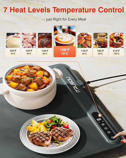 Warming Mat for Food (24"x16") - iTRUSOU 7-Level Electric Warming Tray with 400W High-Power, Timer 0–99H & Built-In Strap - Rollable Large Food Warming Mat for Parties & Buffet