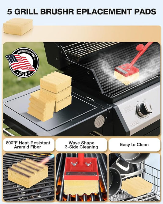 Grill Brush Bristle Free(Fire-Resistant Fabric),4 Replaceable BBQ Cleaning Head,Safe Replacement Cleaning Pad for Cast Iron or Stainless-Steel Grates (No Handle)
